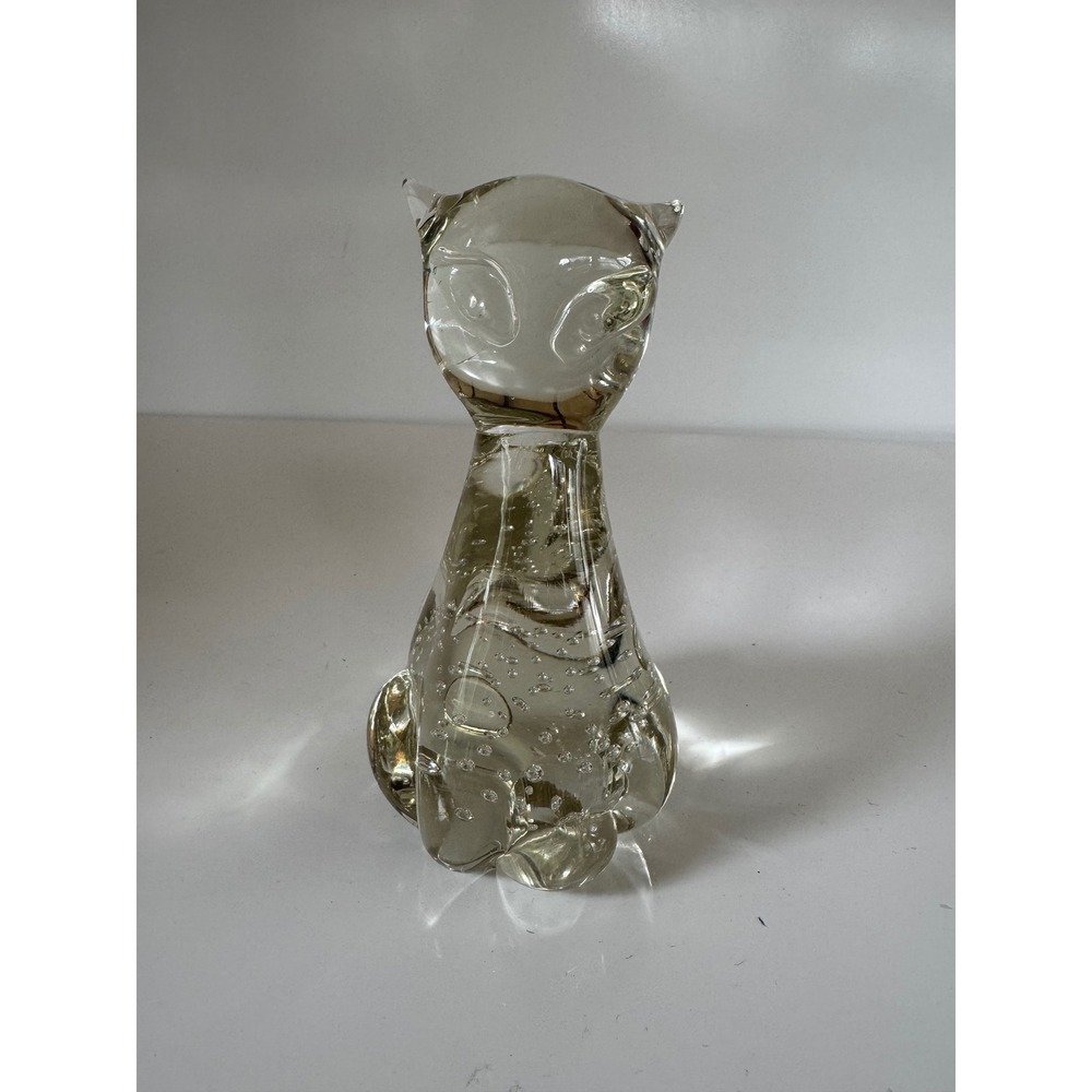 Vintage Art Glass Cat Figurine Controlled Bubble Paperweight MCM Clear 6"
